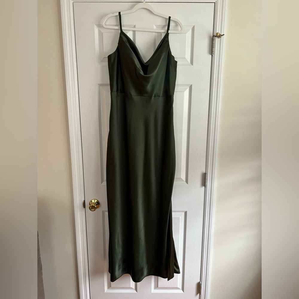 Revelry Satin Cowl Neck Slip Dress - Olive Green